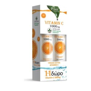 Power Health 1+1 ΔΩΡΟ Vitamin C 1000mg με Στέβια Αναβράζουσα Βιταμίνη C με Γεύση Πορτοκάλι, 20eff.tabs & Vitamin C 500mg Αναβράζουσα Βιταμίνη C με Γεύση Πορτοκάλι, 20eff.tabs