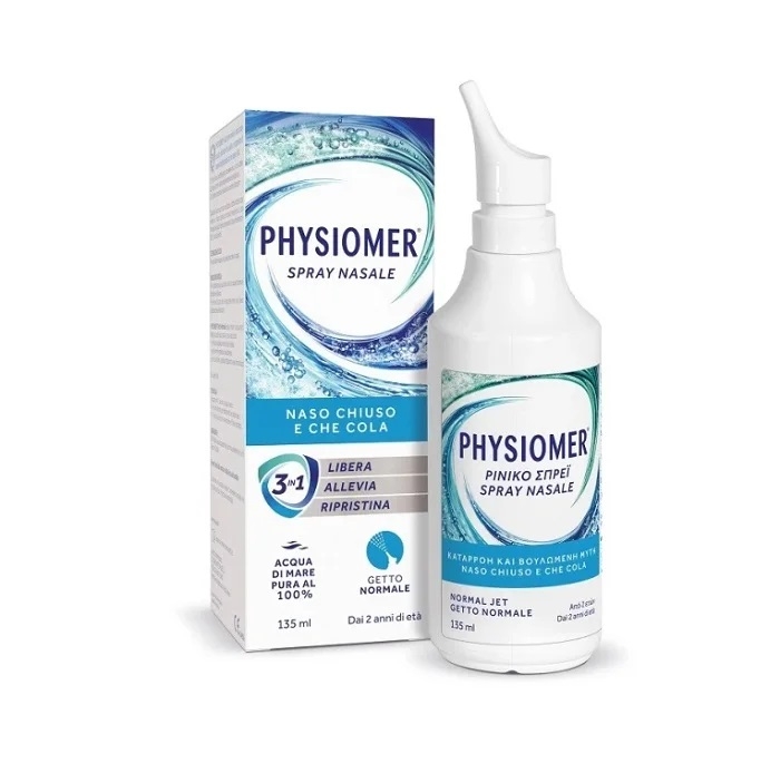 normal jet Physiomer Nasal Spray Jet Normal Ρινικό Σπρέι με 100% Θαλασσινό Νερό Κατάλληλο για Παιδιά από 6 ετών & για Ενήλικες, 135ml - Image 1