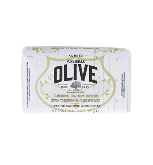 55555 Korres Pure Greek Olive Traditional Soap Olive Blossom Παραδοσιακό Πράσινο Σαπούνι με Άνθη Ελιάς, 125gr - Image 1