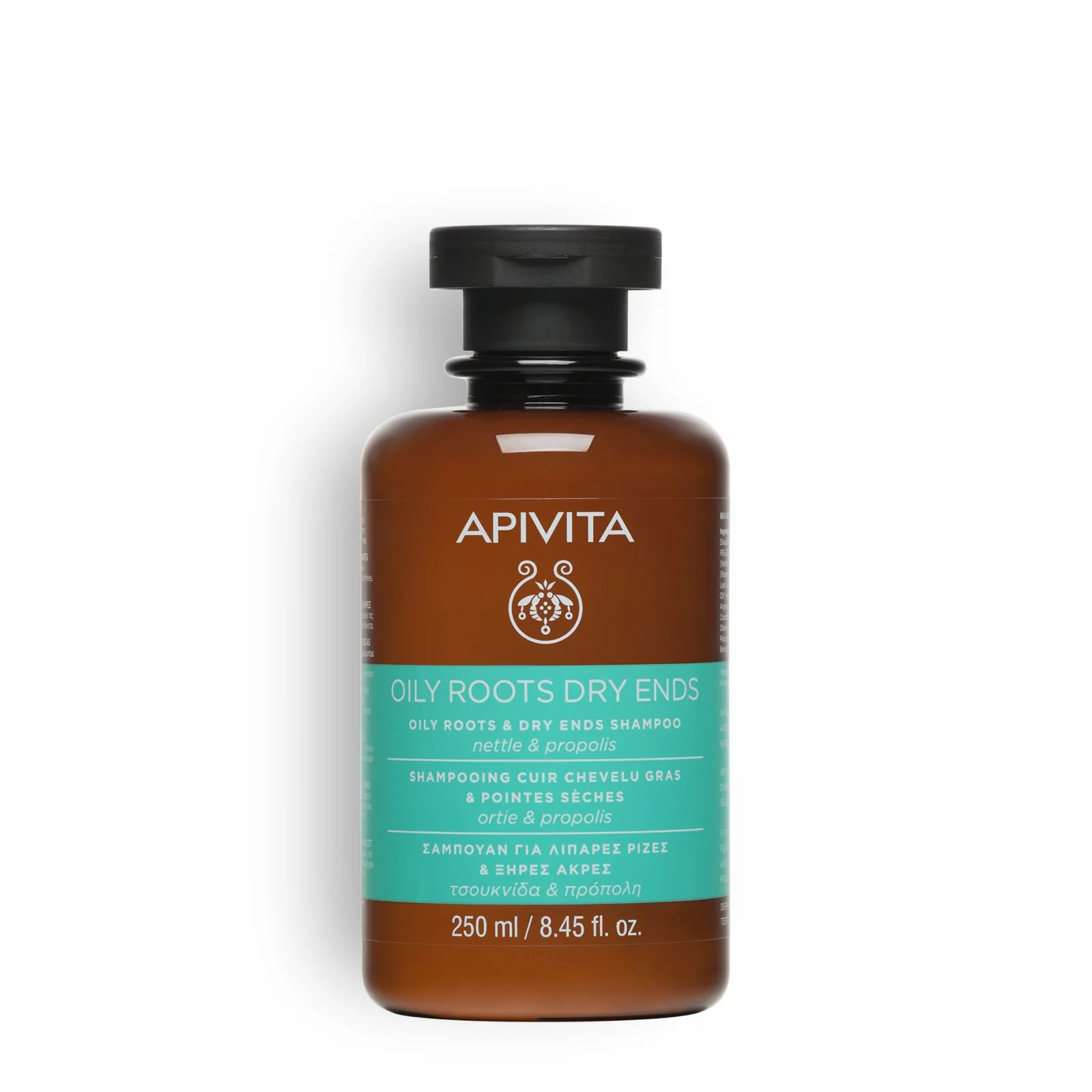 01 Apivita Oily Roots & Dry Ends Σαμπουάν Εξισορρόπησης για Λιπαρές Ρίζες & Ξηρές Άκρες, με Τσουκνίδα & Πρόπολη, 250ml - Image 1