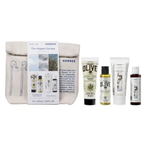 KORRES The Agean Escape Travel Essentials, Kρέμα Σώματος Άνθη Eλιάς - 40ml, Αφρόλουτρο Άνθη Eλιάς - 40ml, Αλόη & Δίκταμο Σαμπουάν - 40ml & Αλόη & Δίκταμο Mαλακτική Kρέμα Μαλλιών- 40ml