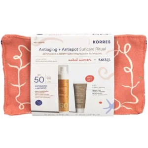Korres Promo Antiaging & Antispot Suncare Ritual Αντηλιακή & Αντιρυτιδική Προστασία με Red Grape Αντηλιακή Κρέμα Προσώπου SPF50, 50ml, Black Pine Κρέμα Ημέρας για Σύσφιξη & Lifting, 20ml & Δώρο Naked Summers x Korres Νεσεσέρ, 1τεμ, 1σετ