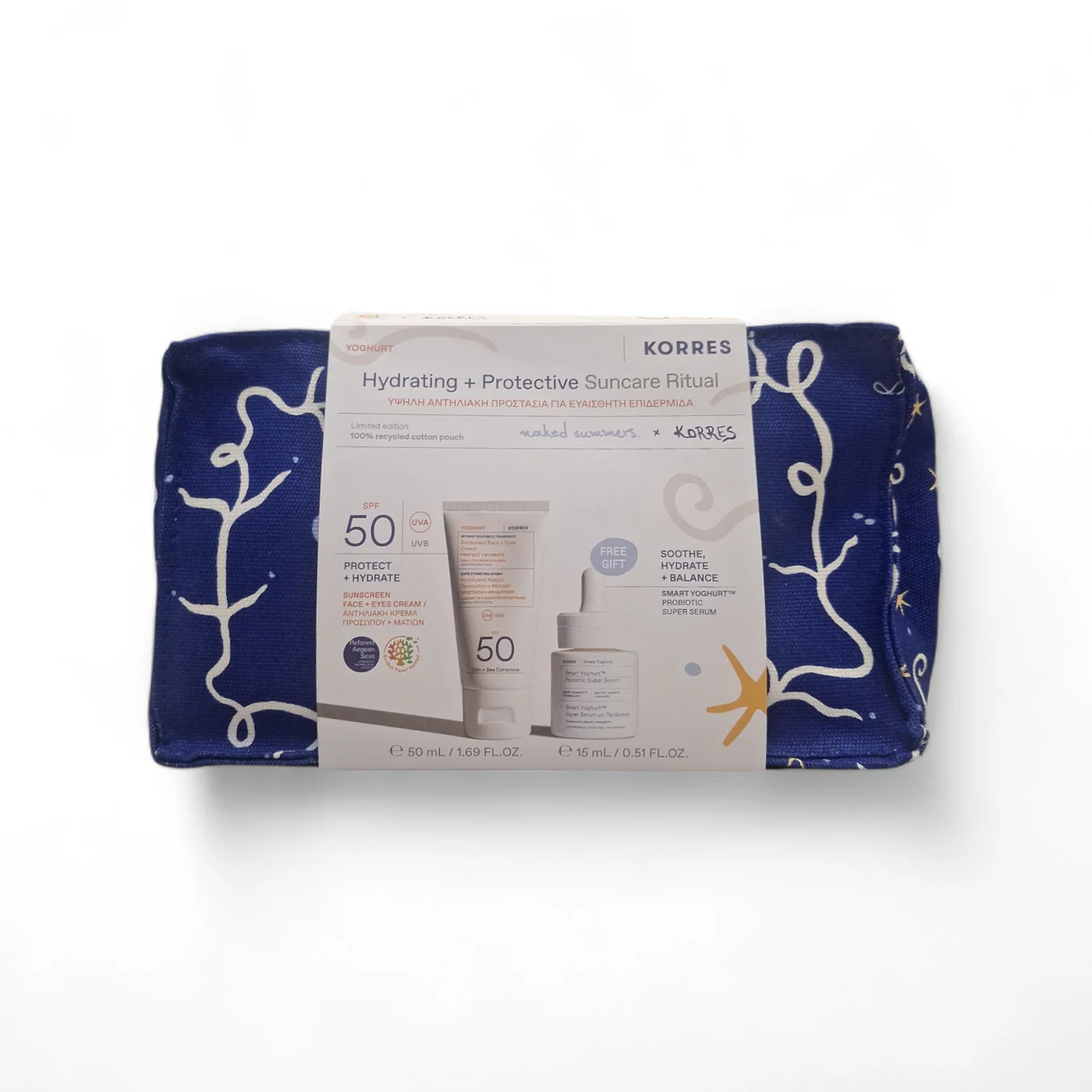f9b05453-d9be-433c-8d74-c18f1f8653b6_1366x Korres Promo Hydrating & Protective Suncare Ritual Υψηλή Αντηλιακή Προστασία με Yoghurt Αντηλιακή Κρέμα Προσώπου & Ματιών SPF50, 50ml, Smart Yoghurt Probiotic Super Serum Ορός με Προβιοτικά, 15ml & Δώρο Naked Summers x Korres Νεσεσέρ, 1τεμ, 1σετ - Image 1