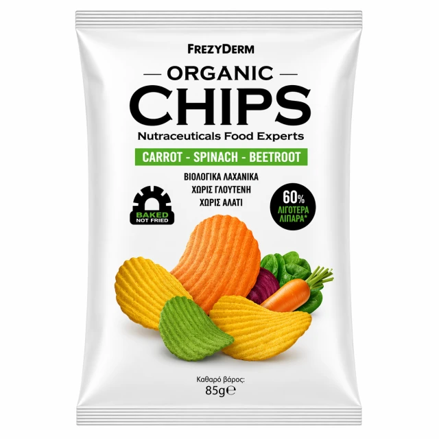 ORGANIC Frezyderm Organic Chips Carrot-spinach-beetroot Βιολογικό σνακ με γεύση Καρότο,Σπανάκι,Παντζάρι, 85g - Image 1