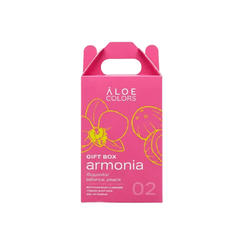 02_BoxSet_1 Aloe Colors Gift Box Armonia με Soothing Body Cleanser Καταπραϋντικό Αφρόλουτρο Σώματος, 200ml, Creamy Body Milk Κρεμώδες Γαλάκτωμα Σώματος, 100ml & Aroma 02 Eau de Parfum Γυναικείο Άρωμα, 10ml, 1σετ - Image 1