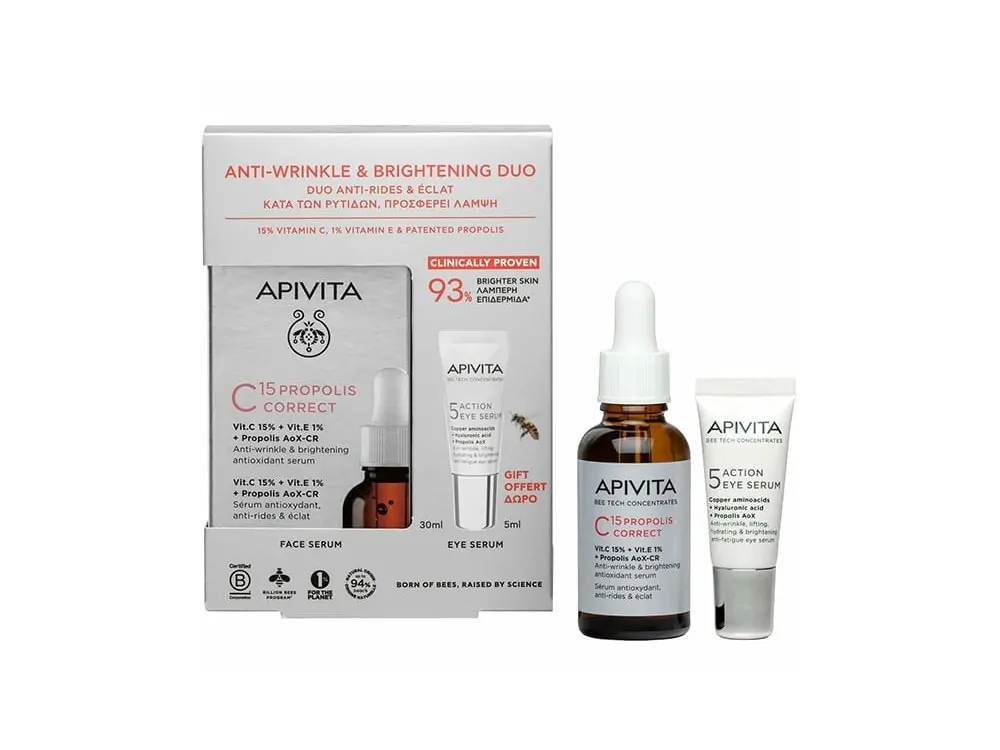 5201279107994_1 Apivita Promo Anti-Wrinkle & Brightening Duo με Apivita Bee Tech Concentrates C15 Propolis Correct Αντιρυτιδικός & Αντιοξειδωτικός Ορός Λάμψης, 30ml & Δώρο Ορός Ματιών 5 Action Eye Serum, 5ml, 1σετ - Image 1