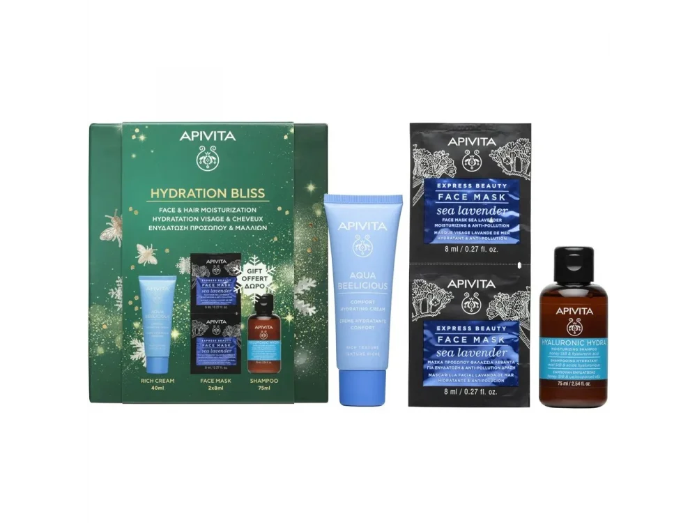 5201279108663_1 Apivita Promo Hydration Bliss με Aqua Beelicious Comfort Hydrating Rich Cream Κρέμα Ενυδάτωσης Πλούσιας Υφής, 40ml & Δώρο Express Beauty Μάσκα Προσώπου Θαλάσσια Λεβάντα, 2x8ml & Δώρο Hyaluronic Hydra Σαμπουάν Ενυδάτωσης, 75ml, 1σετ - Image 1