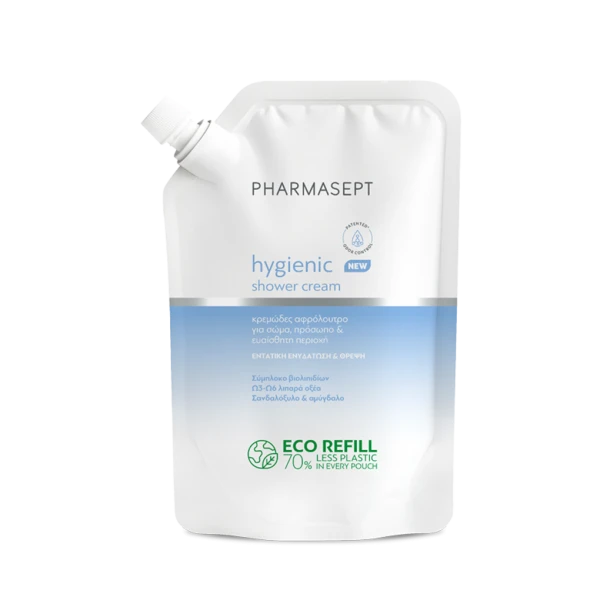 fa6a887b8c8042831e6a4bf57df70de3.png Pharmasept Hygienic Shower Cream Refill Aνταλλακτικό Κρεμώδες Αφρόλουτρο για Ενυδάτωση & Θρέψη, 900ml - Image 1