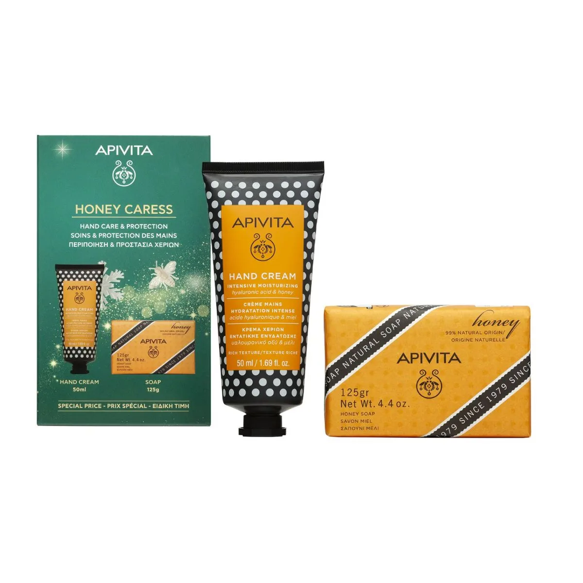 honey Apivita Xmas Promo Hand Caress Σετ Περιποίησης για Ενυδάτωση Χεριών με Φυσικό Σαπούνι με Μέλι & Βιολογικό Αιθέριο Έλαιο Λεβάντας, 125g & Intensive Moisturizing Hand Cream Κρέμα Χεριών με Υαλουρονικό Οξύ & Μέλι, 50ml, 1σετ - Image 1